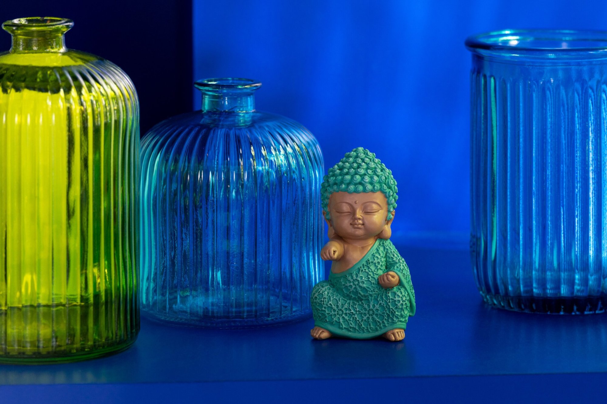 Vaas Geelvand Glas Blauw H18 cm - Afbeelding 2