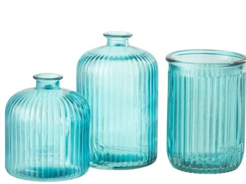 Blauwe glazen vaas Taundik met elegante ribbelstructuur en compacte vorm, H20 cm