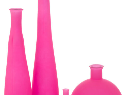 Roze Braarmil glazen vaas set met hoge slanke vormen en ronde bolvaas, modern woonaccessoire