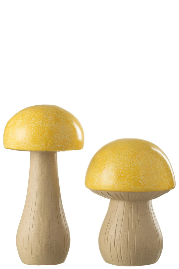 Decoratiefiguur Slaarnis geel, set van 2 buitenpaddenstoelen met stevige magnesiumlook voor tuin of terras