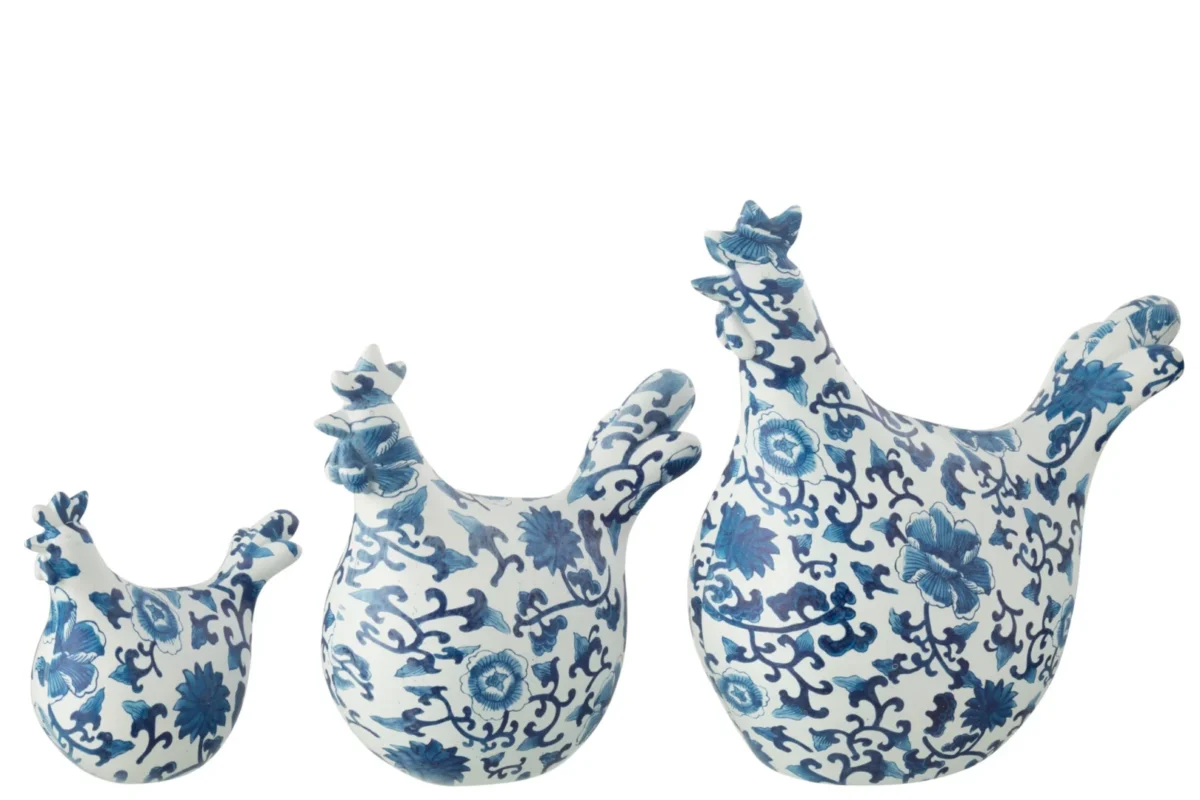 Beeld Vooke set van 3 meerkleurige polyresin haanfiguren met blauw-wit bloemenpatroon, H22 cm