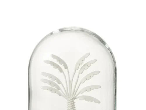 Decoratie Lermora Glas Wit stolp met palmboom op houten voet, wit en naturel