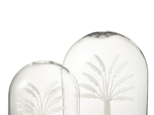 Voorraadpot Gudio Glas Wit met glazen stolp en houten voet, decoratief met wit palmboommotief