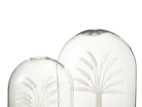 Voorraadpot Gudio Glas Wit met glazen stolp en houten voet, decoratief met wit palmboommotief