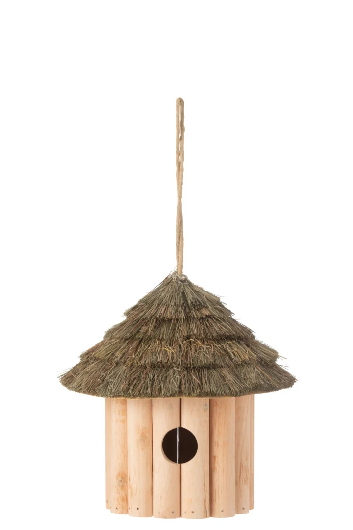 Vogelhuisje Troormura Hout Naturel met rieten dak en hangend touw, natuurlijke rustieke uitstraling