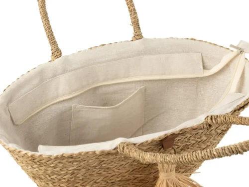 Tas Brescia Zeegras Naturel met gevlochten handgrepen en ritssluiting, open binnenzijde zichtbaar