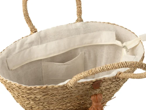 Tas Teemmine Zeegras Naturel strandtas met gevlochten handgrepen, ruime binnenkant en ritssluiting