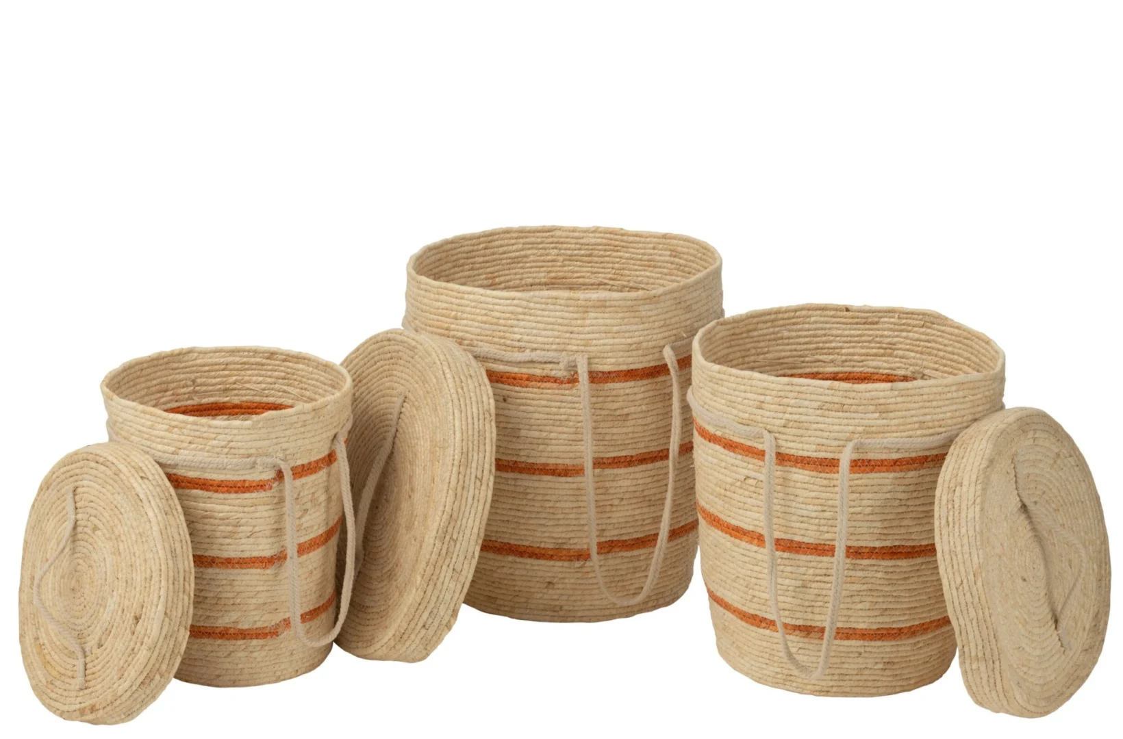 Mand Neimero Maïshuls Naturel set van 3 met deksel, gevlochten opbergmanden in naturel tint en oranje accenten