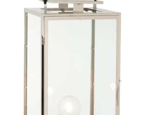 Windlicht Skaumir staal zilver H76 cm met glas, zwart handvat en zichtbare lichtbron