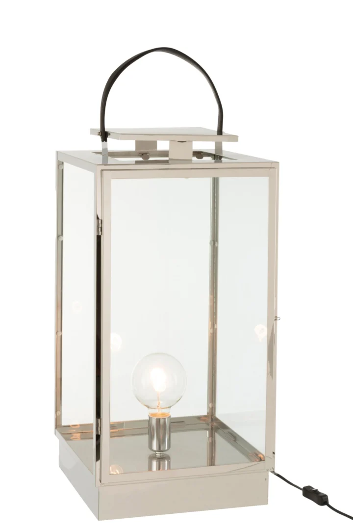 Windlicht Skaumir staal zilver H76 cm met glas, zwart handvat en zichtbare lichtbron