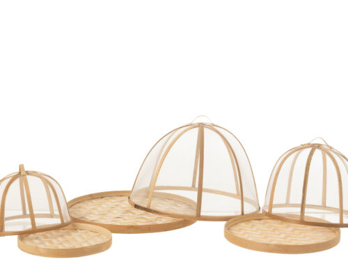 Dienblad Calora Bamboe Naturel set van 3 met witte stolpdeksels en gevlochten bamboe trays