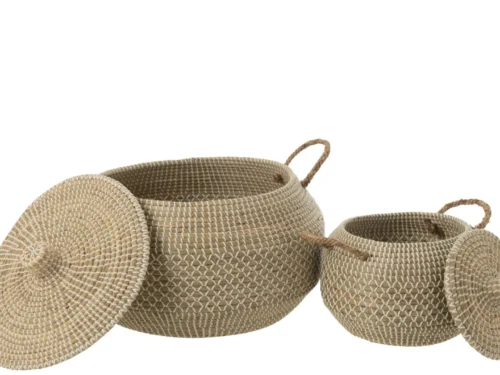 Mand Slaurrone Zeegras Naturel set van 2, gevlochten opbergmanden met deksel en handgrepen