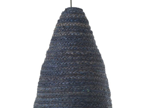 Hanglamp Geirdel Maïshuls, donkerblauwe gevlochten lampenkap in slanke, langwerpige vorm met natuurlijk materiaal