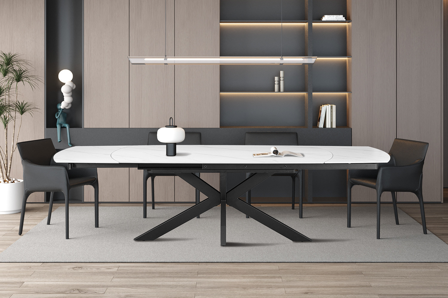 Tafel Ritoro Steen 240 cm, uitschuifbare eettafel met wit steenblad en zwart X-frame in moderne eetkamer
