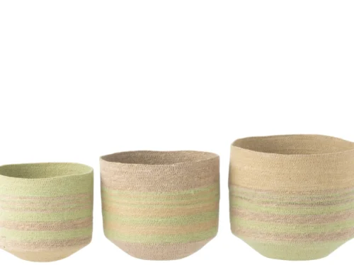 Set van 3 Mand Breiskos zeegras manden met naturel-groene strepen en handgemaakte look
