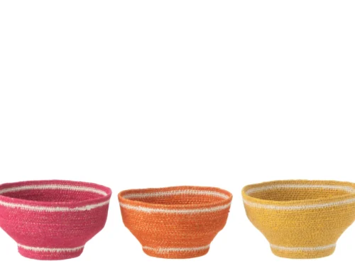 Kom Kliedor zeegras kommenset van 3, meerkleurig, handgevlochten woonaccessoire met roze, oranje en gele kommen