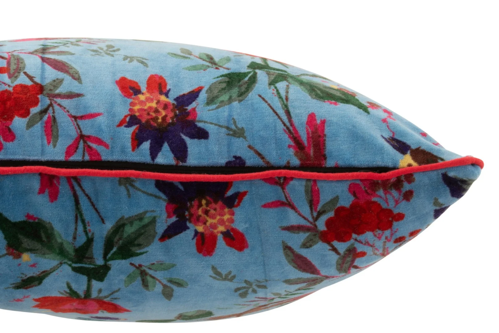 Kussen Teirne blauw 45x45 cm met bloemenprint en rood biesdetail, 100% katoen