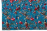 Plaid Leboro Blauw met kleurrijk vogel- en bloemenpatroon in blauw katoen, stijlvol woonaccessoire