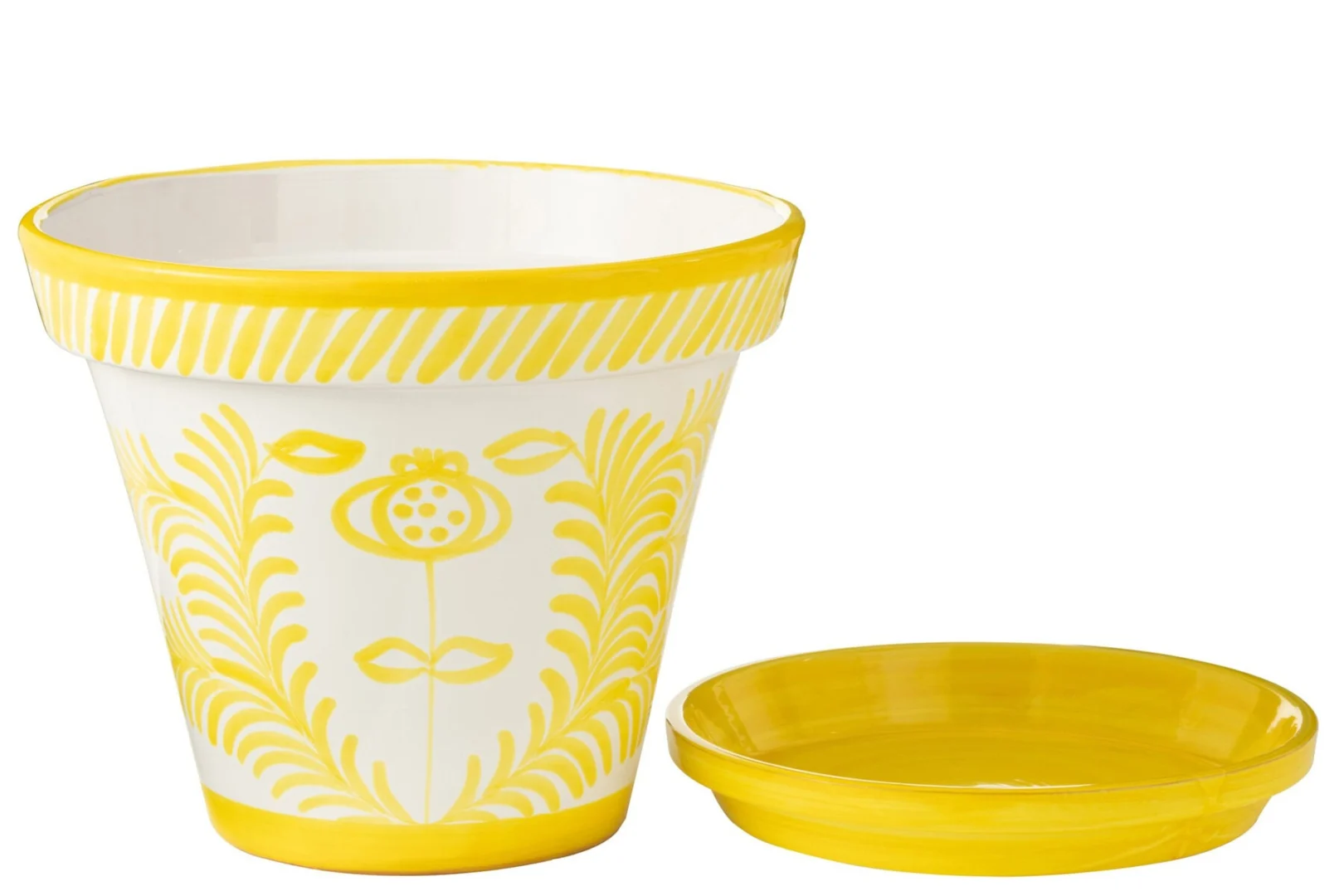 Bloempot Miensoro keramiek meerkleurig met geel-wit bloemmotief en bijpassende schotel, H40 cm