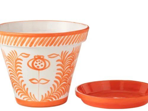 Bloempot Riga keramiek, meerkleurig met oranje bloemmotief en bijpassende schotel, groot formaat, 40 cm hoog