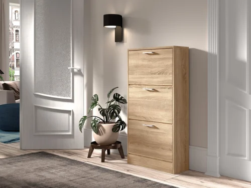 Schoenenkast Flollak in eikenkleur, compacte smalle schoenenkast met drie kleppen in een moderne hal