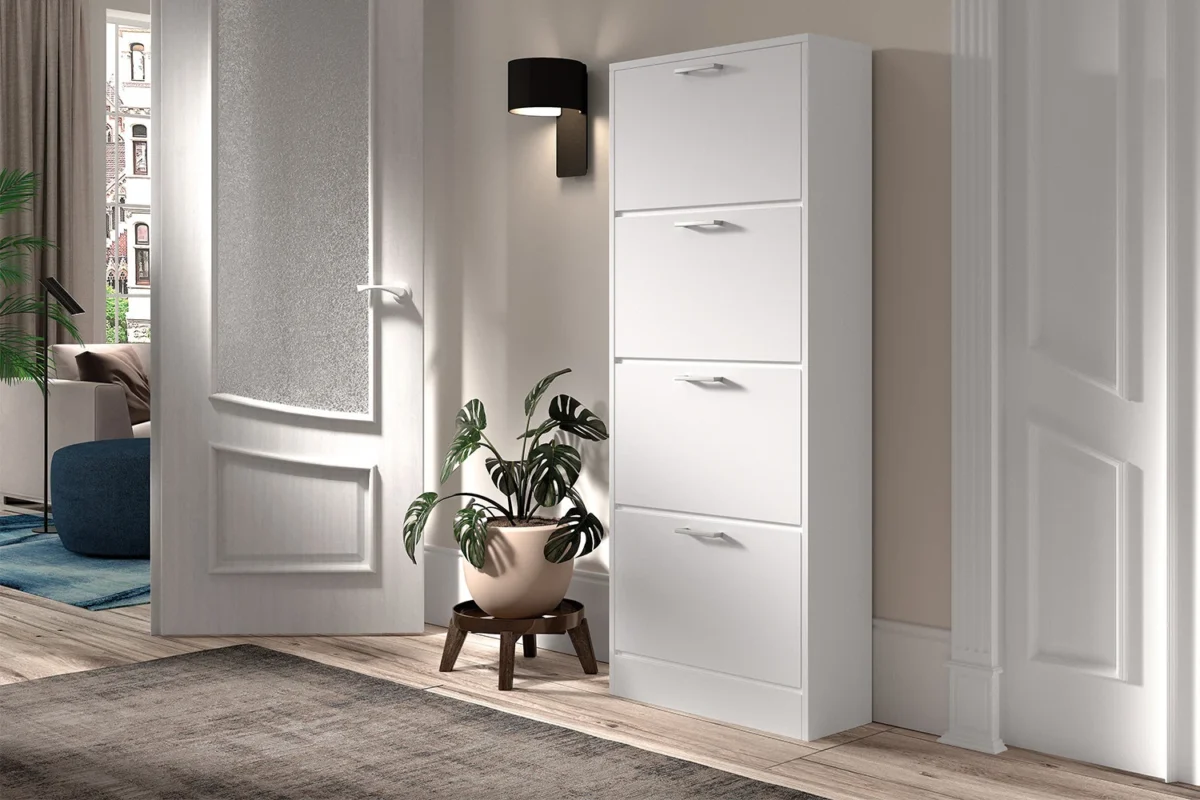 Witte Schoenenkast Heeltora met 4 kleppen, smal ontwerp voor de hal, strak en ruimtebesparend