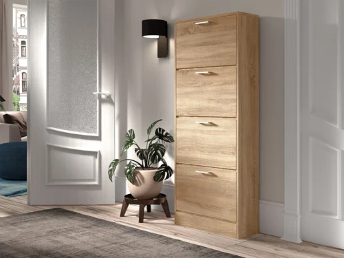Schoenenkast Zinnor in houtlook, smal ontwerp met vier kleppen voor een opgeruimde hal