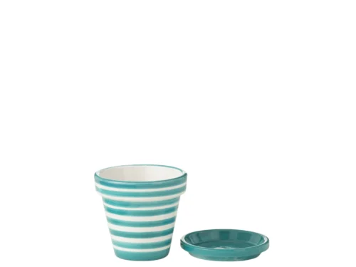 Bloempot Maalvik keramiek met turquoise strepen en bijpassende schotel, H19 cm