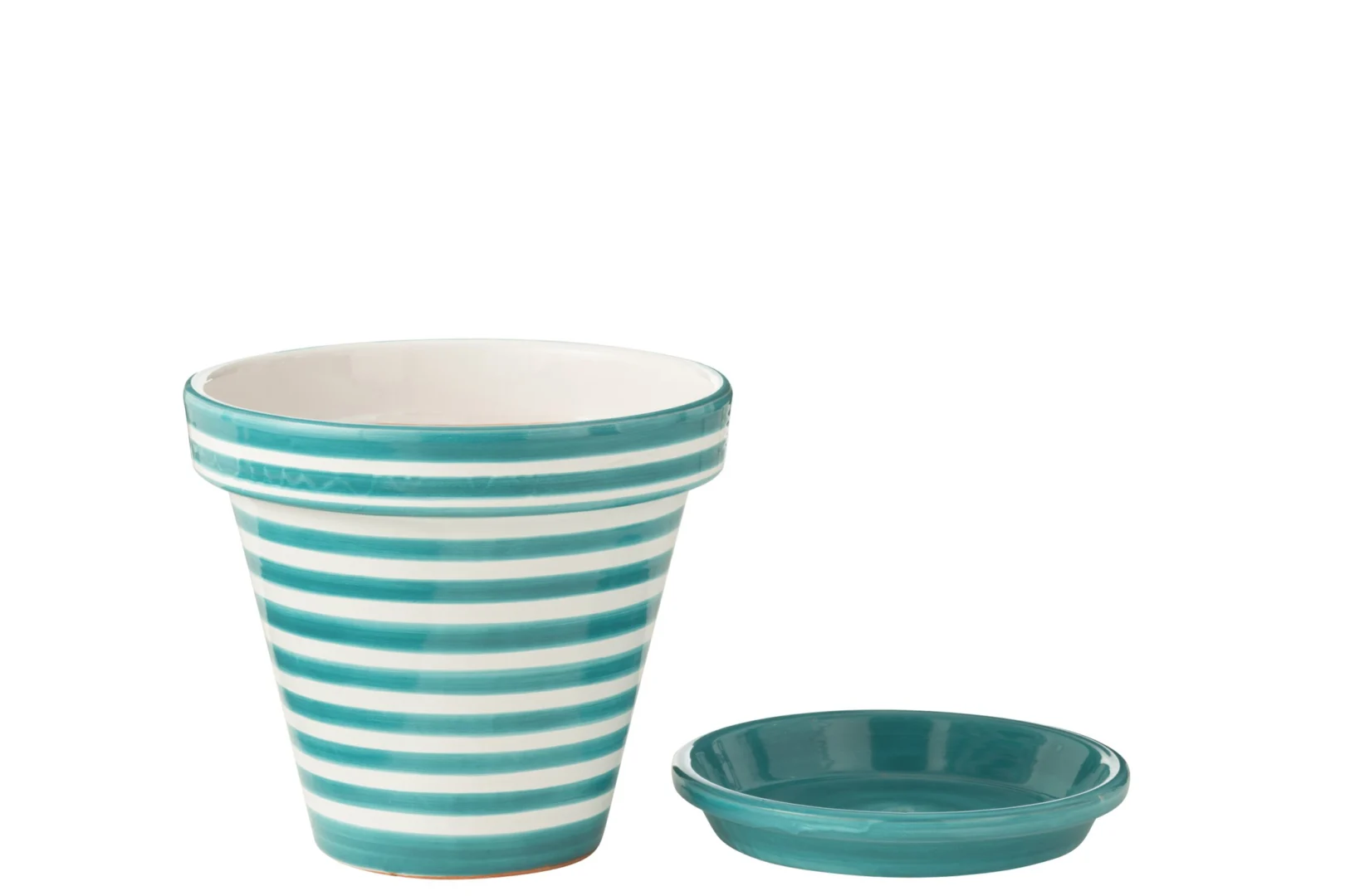 Lurnaro keramieken bloempot meertokleurig met turquoise strepen en bijpassende schotel, 33 cm hoog