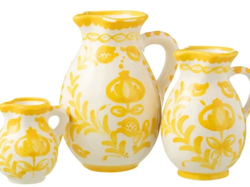Karaf Noskea keramiek meerkleurig met speels geel bloemmotief en elegante handgreep
