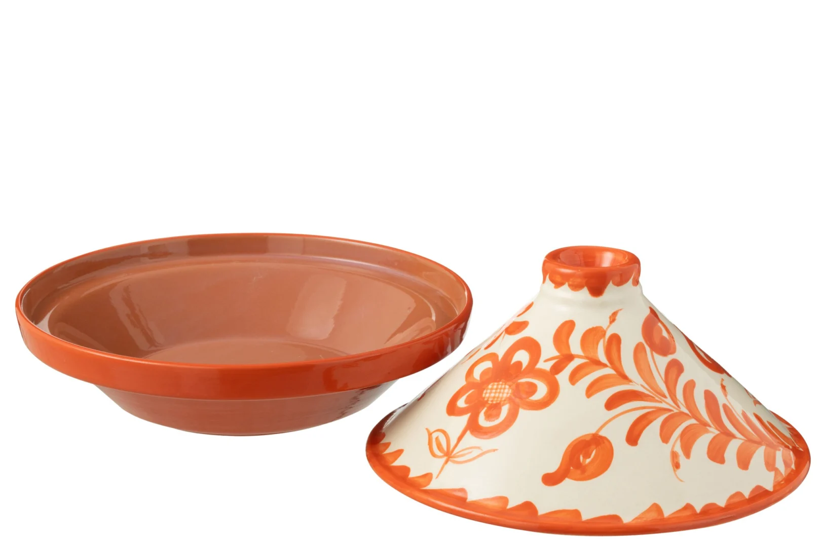 Woonaccessoire Soordes keramiek in oranje en wit, ronde schaal en decoratieve kap met bloemenprint