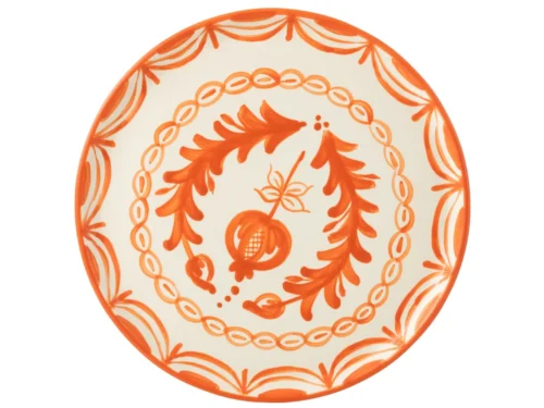 Bord Granada keramiek meerkleurig met oranje decoratieve patroonrand, rond ontwerp en 34 x 34 cm formaat