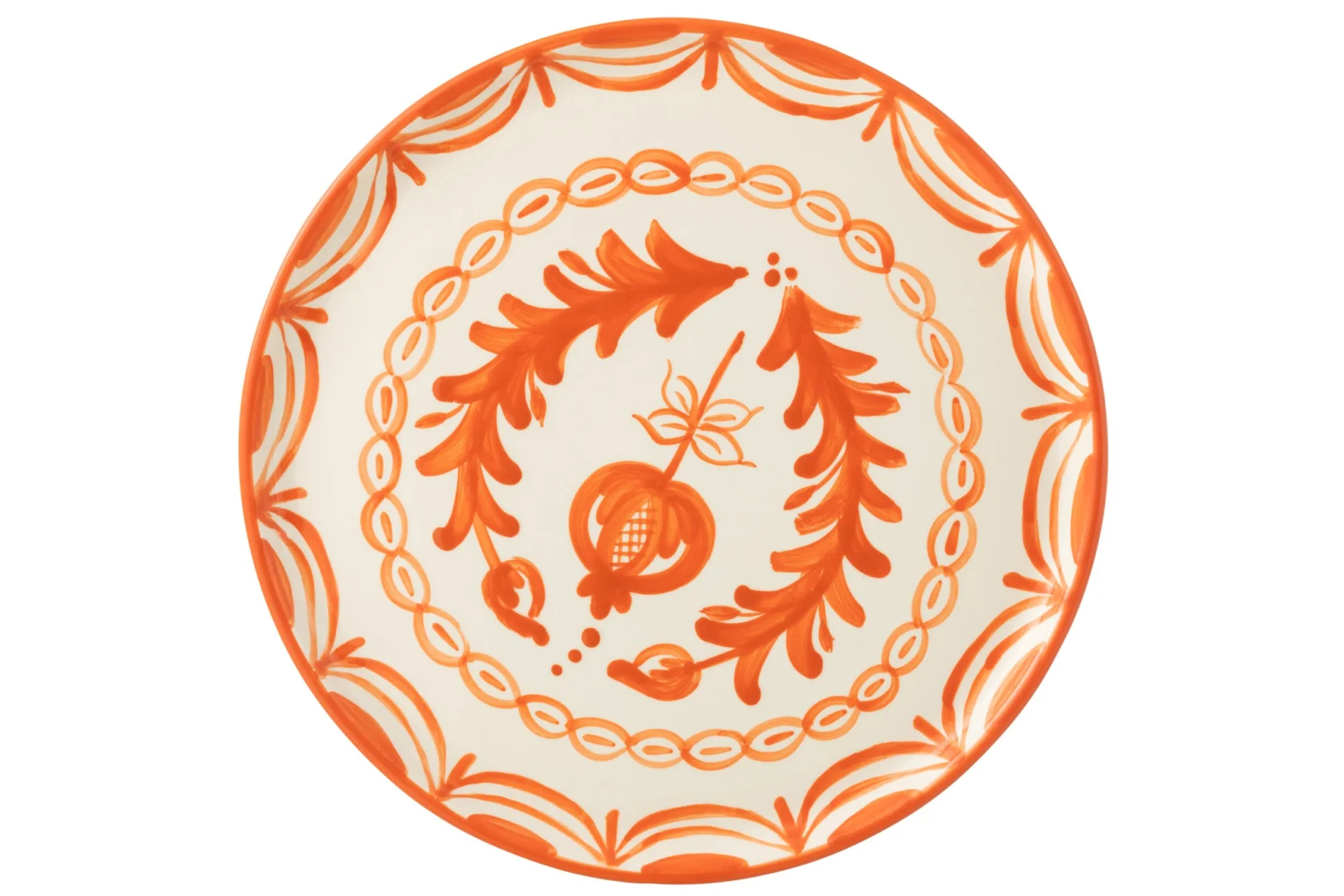 Bord Granada keramiek meerkleurig met oranje decoratieve patroonrand, rond ontwerp en 34 x 34 cm formaat