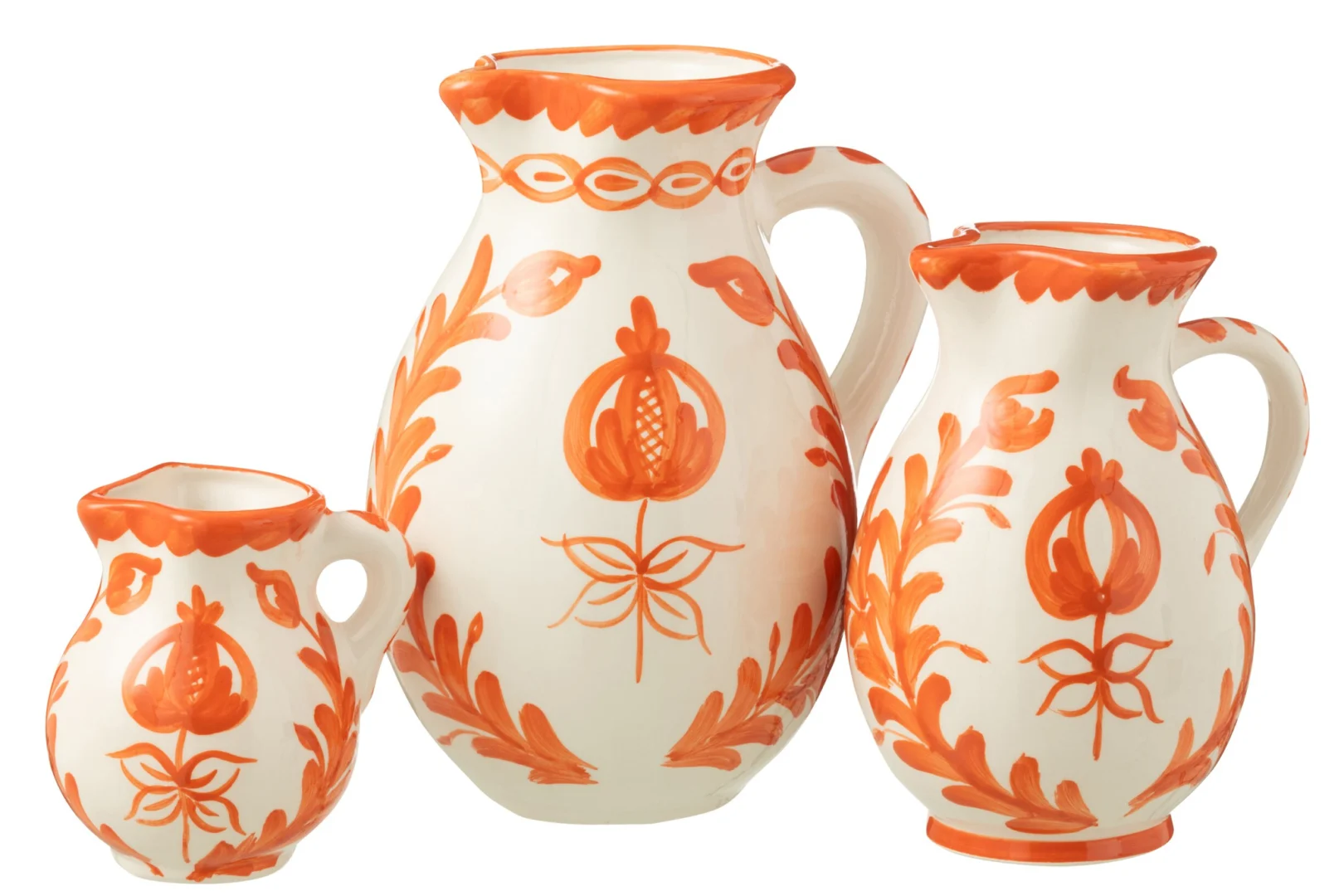 Schenkkan Kotik keramiek meerkleurig met oranje bloemenprint en drie royale kannen in beeld