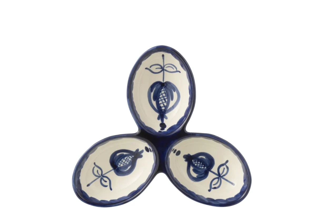 Schaal Junnik keramiek meerkleurig met drie ovale vakken en blauw decor op wit, decoratief woonaccessoire