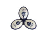 Schaal Junnik keramiek meerkleurig met drie ovale vakken en blauw decor op wit, decoratief woonaccessoire