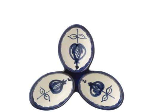 Schaal Junnik keramiek meerkleurig met drie ovale vakken en blauw decor op wit, decoratief woonaccessoire