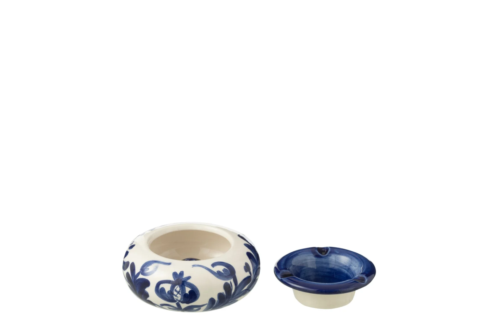 Asbak Dultond keramiek meerkleurig met blauw-wit bloemmotief en compacte ronde vorm