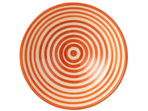 Kom Diendi keramieken schaal met oranje-witte ringen, groot rond decoratief woonaccessoire