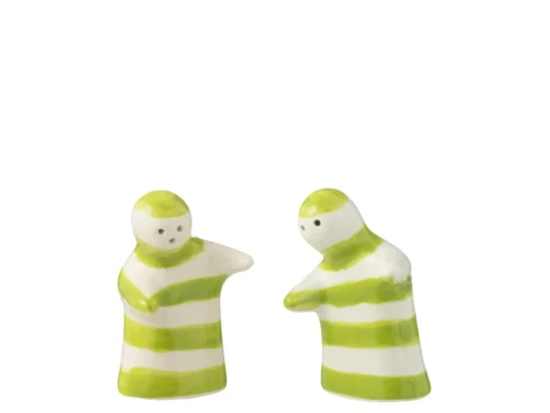 Brammia keramiek woonaccessoire met groen-witte strepen, compact duo voor een speelse, kleurrijke interieuraccent
