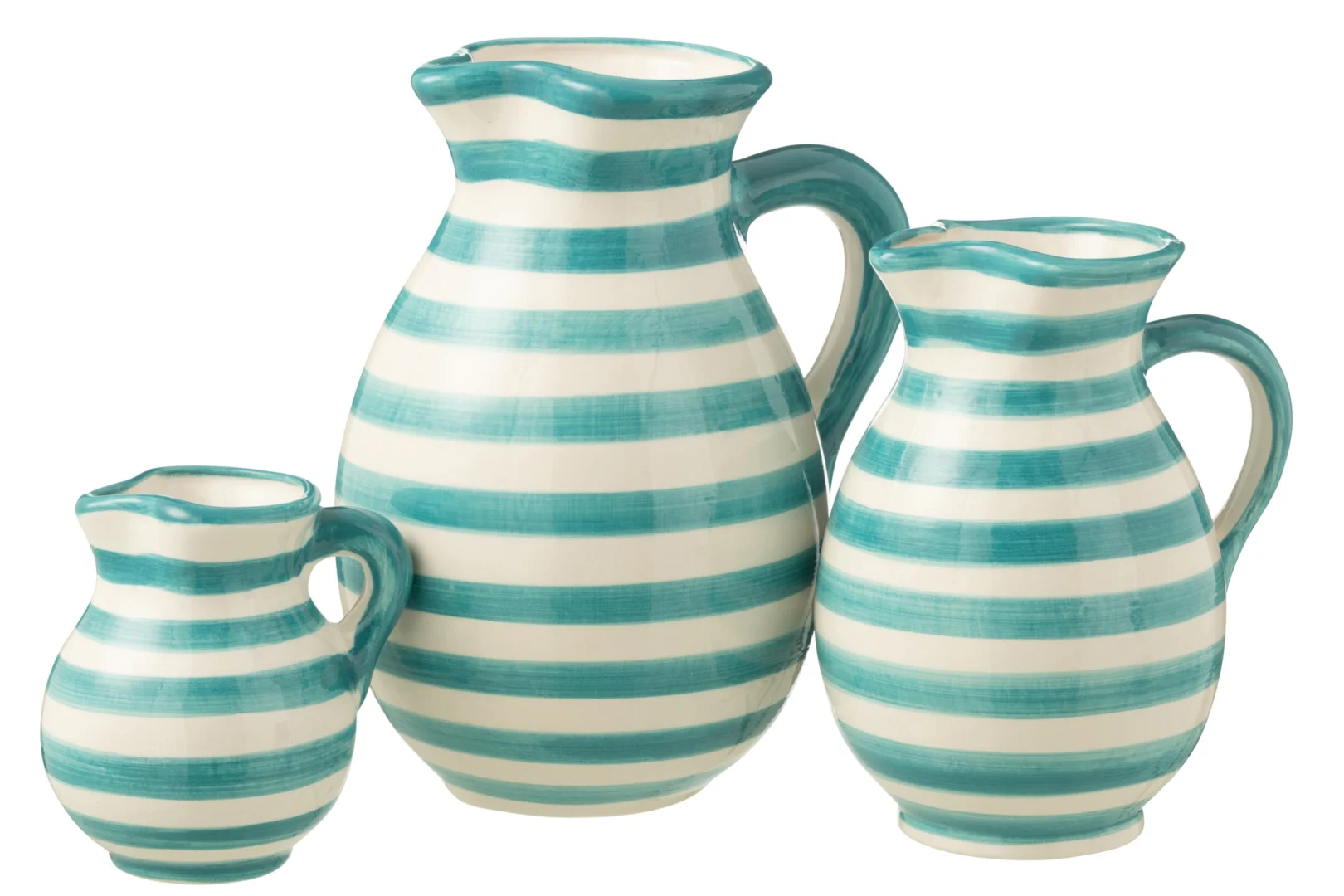 Schenkkan Saltin meerkleurig keramiek met turquoise strepen en decoratieve, rustieke vorm