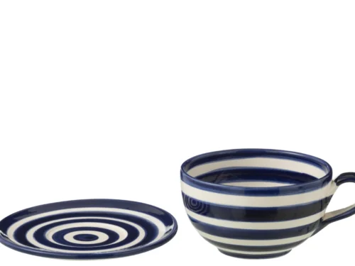 Kopje Statik keramiek meerkleurig met blauw-witte strepen en bijpassende schotel