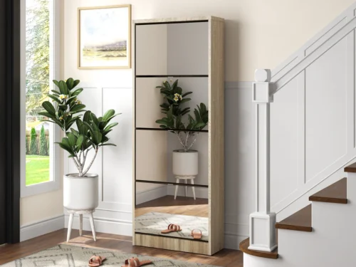 Schoenenkast Staunnis 60,5 cm met spiegeldeur, slank design en houtlook voor de hal