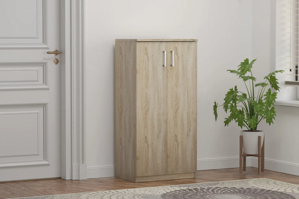 Schoenenkast Bilto 60 cm in licht hout, slank ontwerp met dubbele deuren voor nette opbergruimte in de hal