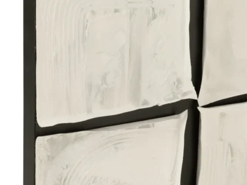 Schilderij Geestund Wit met abstracte wit-zwarte vlakken en gelaagde textuur in een vierkant formaat