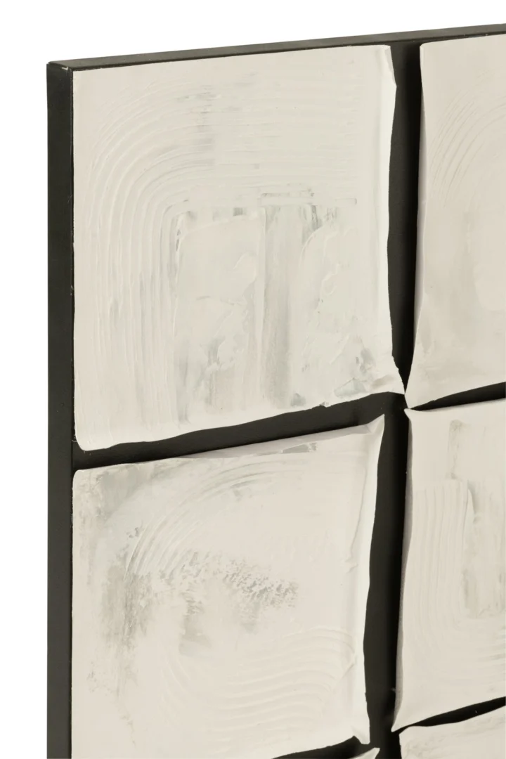 Schilderij Geestund Wit met abstracte wit-zwarte vlakken en gelaagde textuur in een vierkant formaat