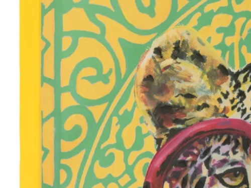Schilderij Slaadona meerkleurig met fel geel-groen patroon en abstracte portretprint op canvas