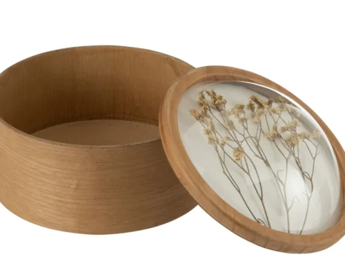 Opbergdoos Caaldone van multiplex met houten look en transparant bloemenmotief deksel