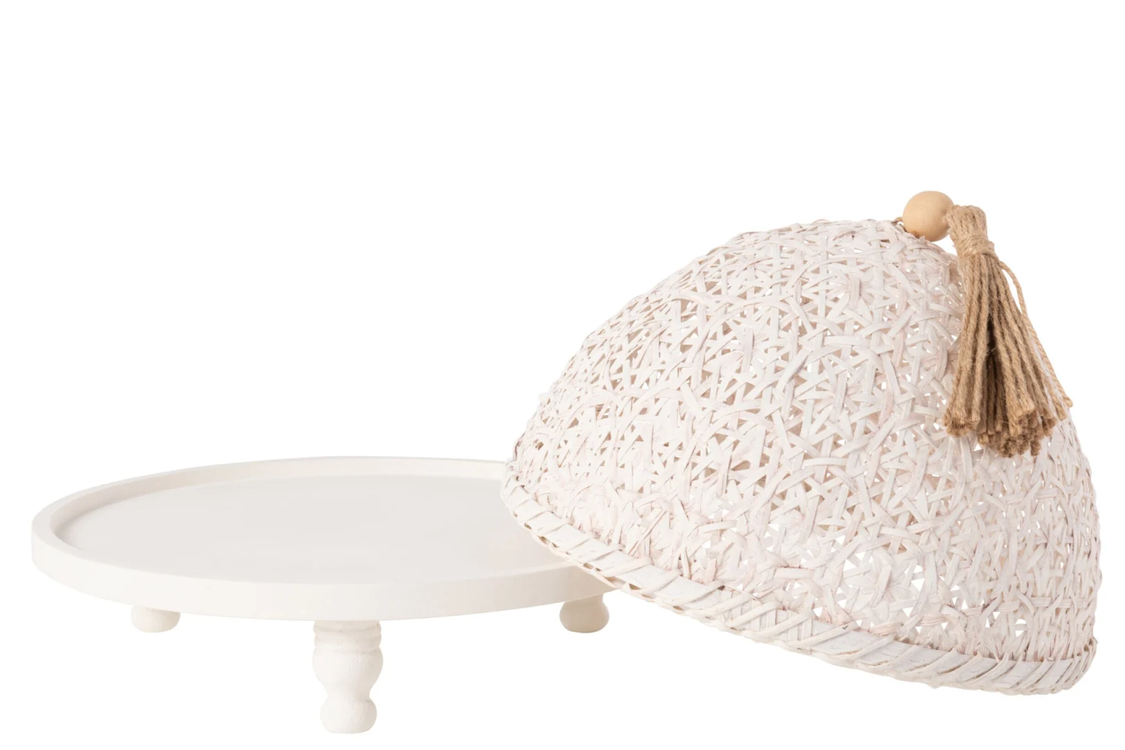 Woonaccessoire Nunsio wit hout met gevlochten kap en houten detail, fris en natuurlijk woonaccent
