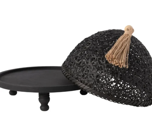 Woonaccessoire Baastek zwart hout met jute detail, ronde schaal en naturel kap voor een stoere, natuurlijke look